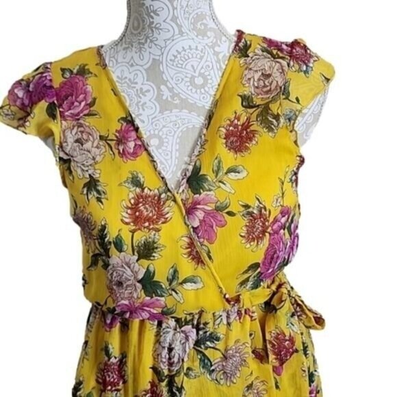 Band of Gypsies Dress Midi Hi-Low Yellow Floral Faux Wrap Lined Flowy Women's XS - Picture 2 of 7